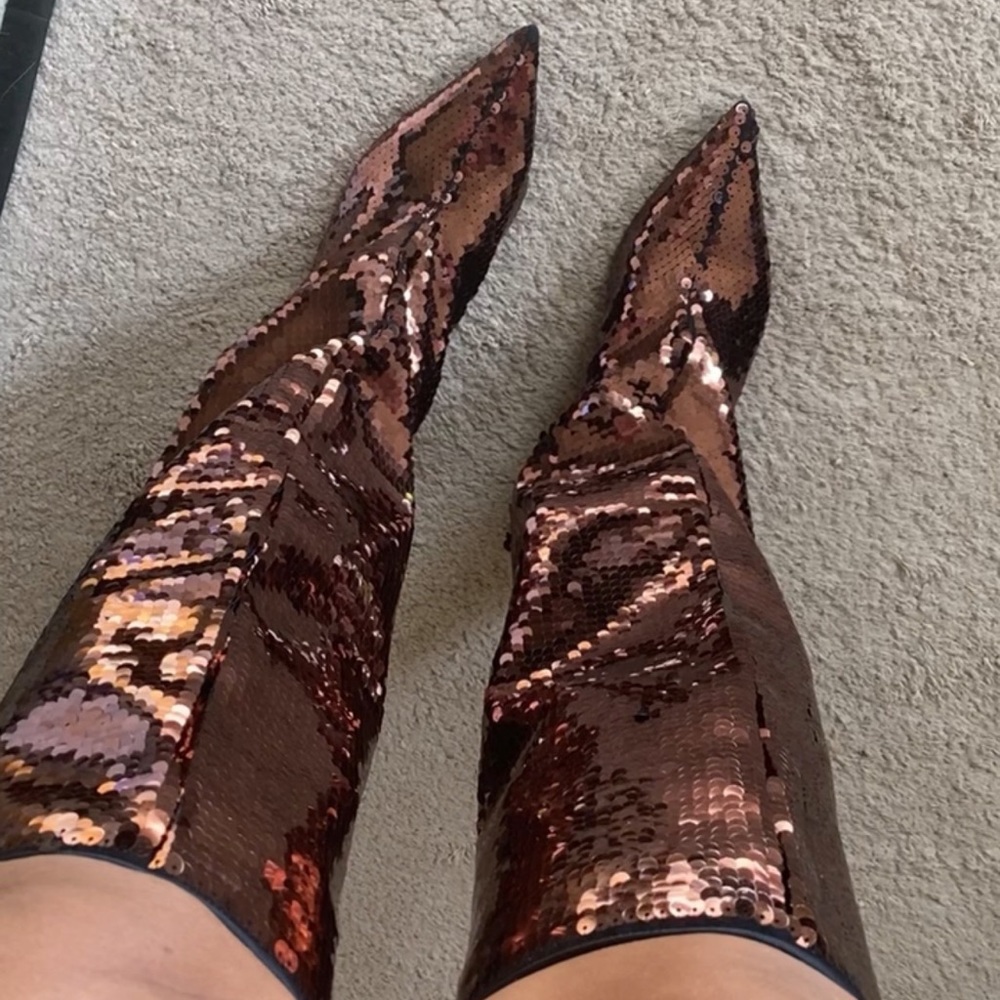 ZARA Sequin Knee High Boots with Low Heel